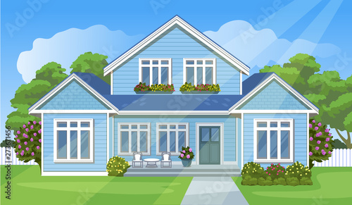 House with a lawn. Cartoon style background. Vector illustration.