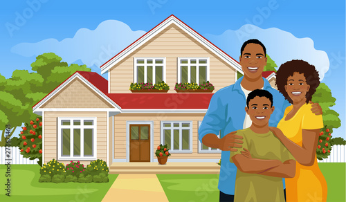 Happy African American family near their new house. Smiling mom, dad and son are standing, behind them is a cottage with a yard and a lawn. Vector illustration.