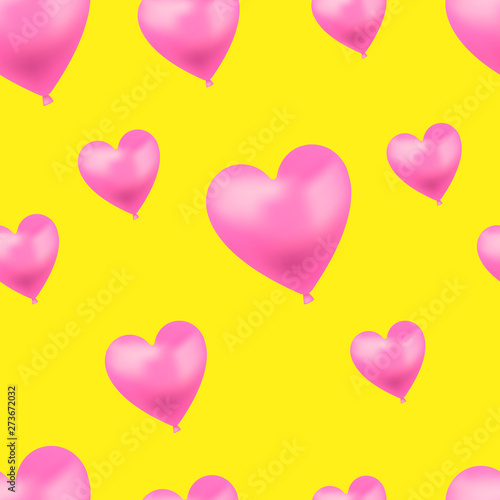 Vector Heart Shaped Bright Pink Balloons on Yellow Background, Seamless Pattern Template.