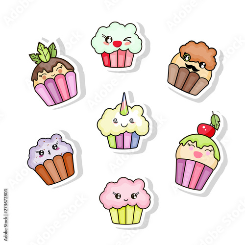 Kawai Cake with Cherry. Sign, symbol, web element. Social media icon.