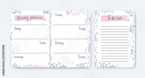 Collection of weekly planner and to-do-list templates decorated by stains and scribble. Schedule, reminder or timetable for daily organization and effective planning. Creative vector illustration.