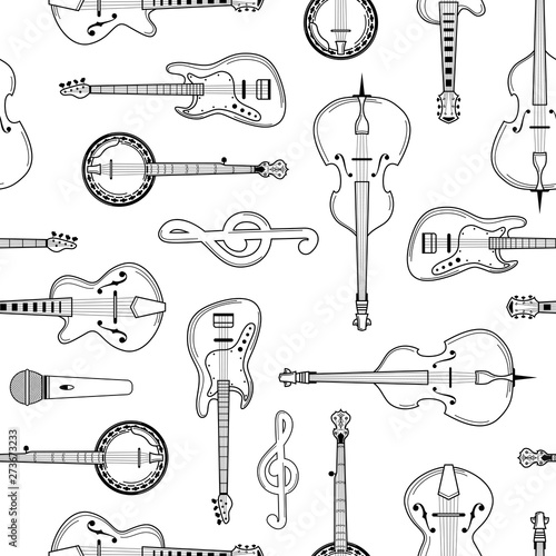 Musical instruments hand drawn outline seamless pattern