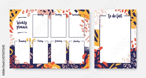 Set of weekly planner and to-do-list templates with frame decorated by colorful daub, brush strokes, smears, scribble. Effective daily task and appointment planning. Modern vector illustration.