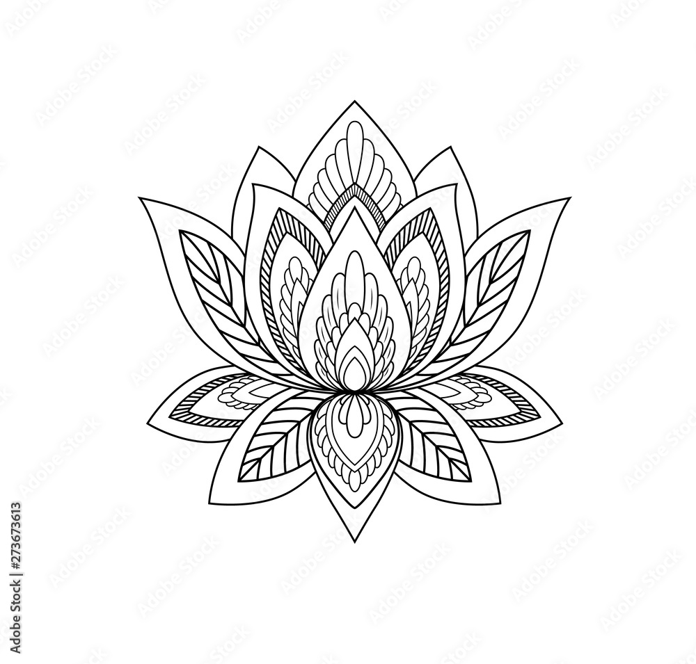 Mehndi Lotus flower pattern for Henna drawing and tattoo. Vector decoration in ethnic oriental, Indian style.