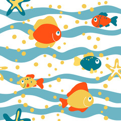 Papier peint photo Vagues de la mer patrons Poissons marins et bulles colorées  © maria_morozova