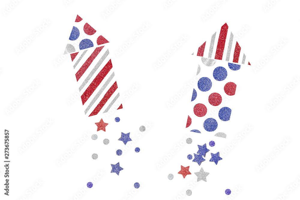 Obraz premium Red blue and silver glitter rocket paper cut background - isolated