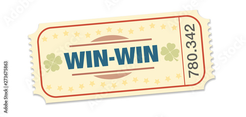 Winning ticket, raffle for win win situation. Single strip ticket with lucky clover, stars and winning number. Isolated vector on white background.