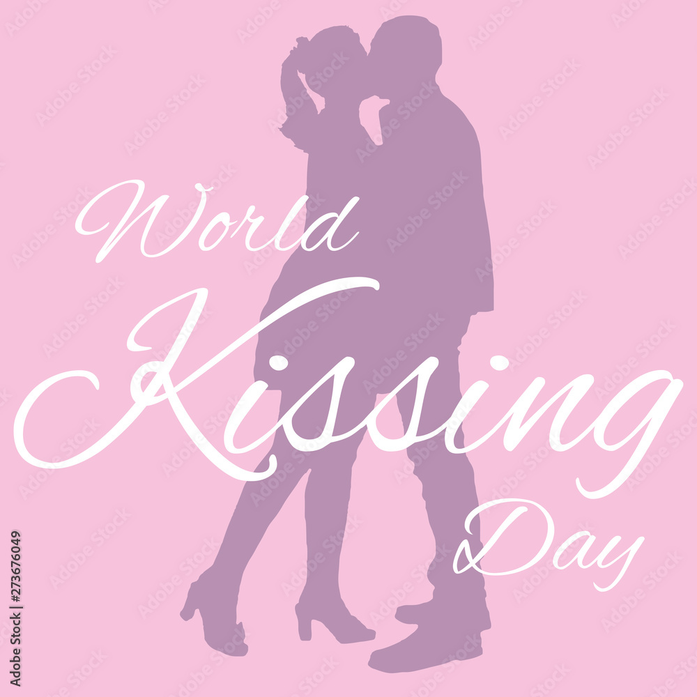 Romantic and love background for World Kiss Day. Silhouette of kissing man and woman. Icon flat image with text. Template for social poster, banner, media stories, card, flyer. Romantic and love background for World Kiss Day. Silhouette of kissing man and woman. Icon flat image with text. Template for social poster, banner, media stories, card, flyer.
