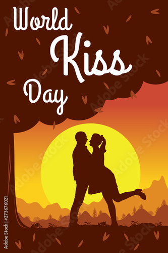 Kiss Day background romantic. Kissing man and woman under a tree outdoor. Love template with illustration summer sunset landscape. Flat image for social poster, card, banner, media stories. © Василий Солдатов