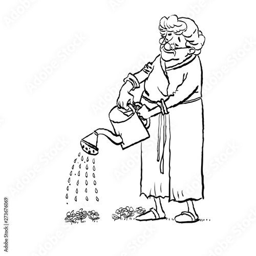 Grandmother watering flowers on a flowerbed in a garden. Active Longevity