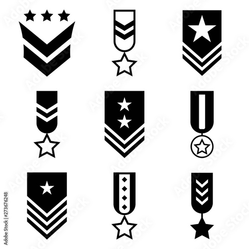 Military rank icon set. Army insignia symbol design. Soldier emblem black icon set.- vector