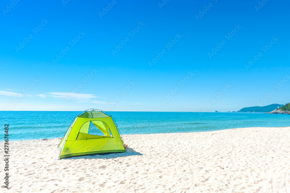 sea beach blue sky sand sun daylight relaxation landscape viewpoint in Haeundae beach in summer at Busan in Korea.