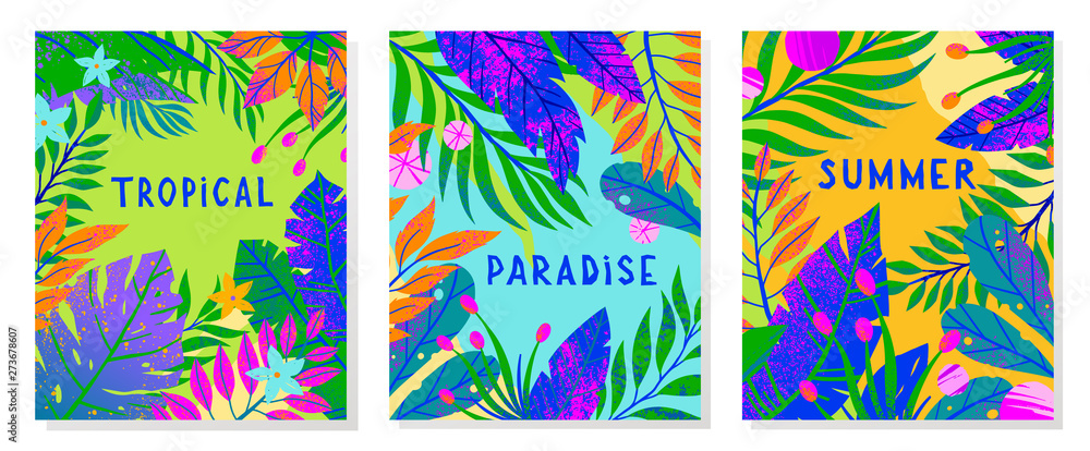 Fototapeta Set of summer vector illustrations with tropical leaves,flowers and elements.Multicolor plants with hand drawn texture.Exotic backgrounds perfect for prints,flyers,banners,invitations,social media.