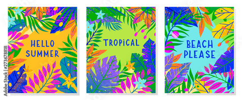 Set of summer vector illustrations with tropical leaves,flowers and elements.Multicolor plants with hand drawn texture.Exotic backgrounds perfect for prints,flyers,banners,invitations,social media. © Xenia Artwork 