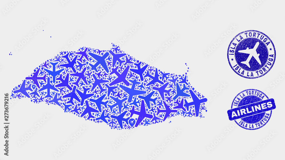 Fototapeta premium Airlines vector Isla La Tortuga map composition and grunge seals. Abstract Isla La Tortuga map is constructed with blue flat randomized airlines symbols and map pointers.