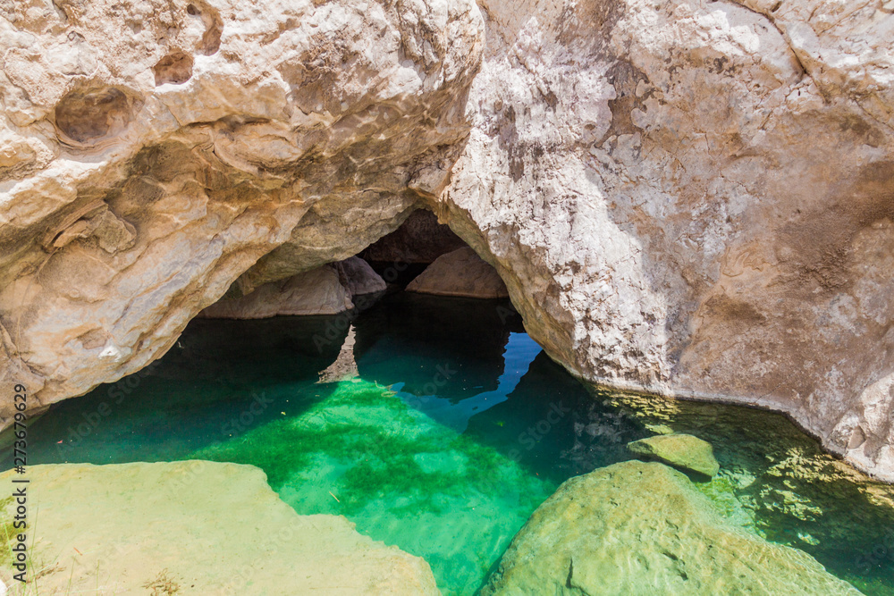 Turquoise water of a creek in Wadi Tiwi valley, Oman Turquoise water of a creek in Wadi Tiwi valley, Oman