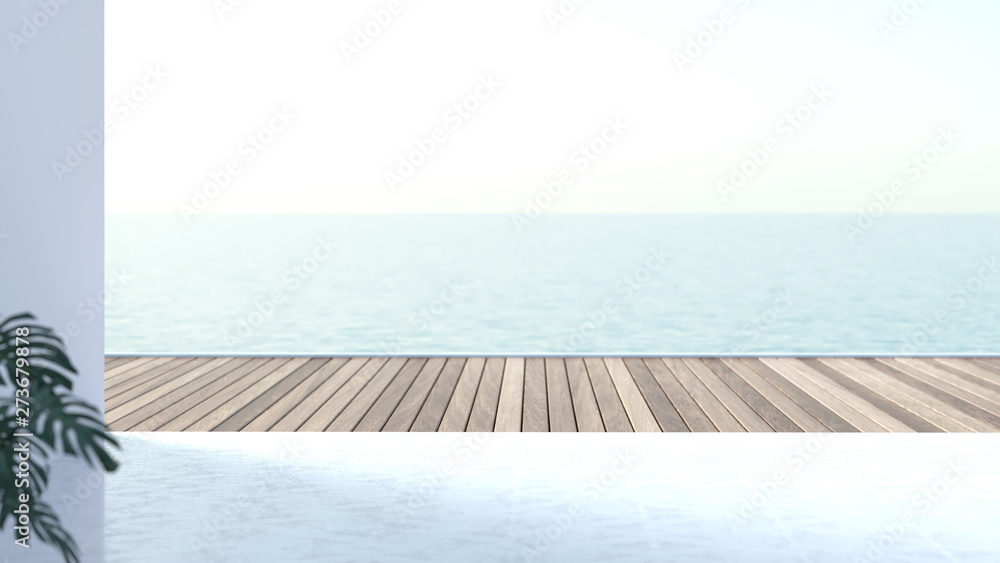 Obraz premium Summer vacation, luxury accommodation, Free space wooden floors near the sea travel holiday design background 3d rendering