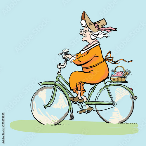 Grandma on bicycle goes to picnic. Active Longevity. Healthy old age. Happy senility