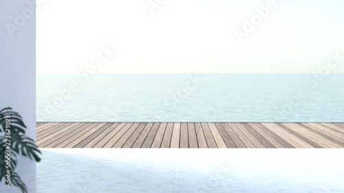 Summer vacation, luxury accommodation, Free space wooden floors near the sea travel holiday design background 3d rendering