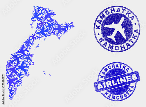 Air plane vector Kamchatka map mosaic and scratched watermarks. Abstract Kamchatka map is formed of blue flat random air plane symbols and map locations. Transport plan in blue colors,