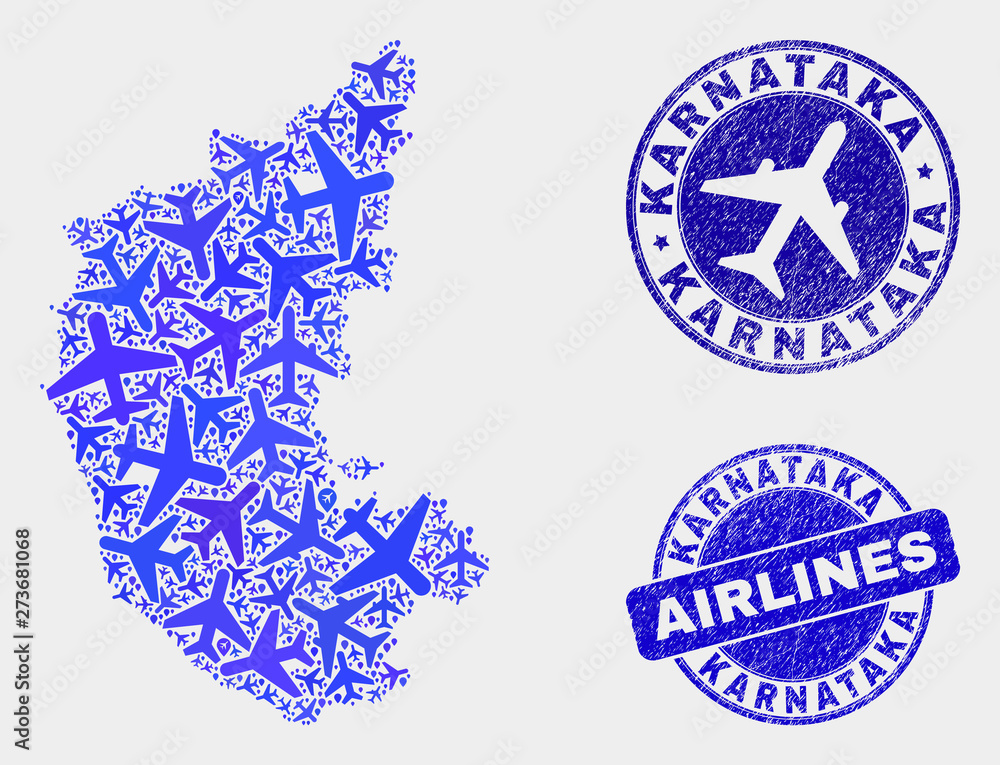 Aviation vector Karnataka State map composition and grunge seals. Abstract Karnataka State map is composed of blue flat random air plane symbols and map pointers. Flight plan in blue colors,
