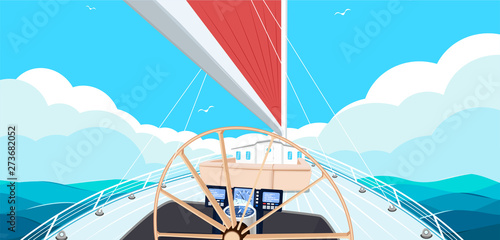 Top view sail boat on water