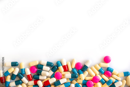 Colorful pills and medication on white background with copy space, health and medication concept photo