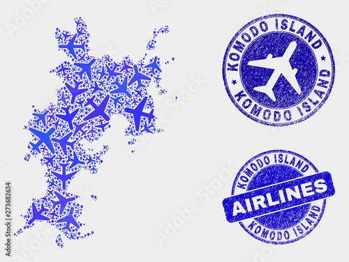 Airplane vector Komodo Island map mosaic and scratched seals. Abstract Komodo Island map is constructed with blue flat random airlines symbols and map locations. Flight plan in blue colors,
