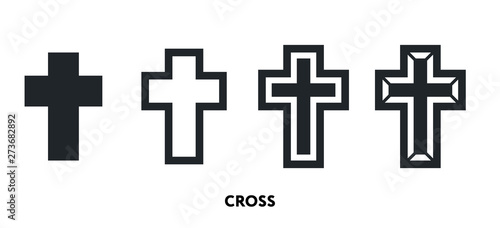 Cross Crucifix Jesus Christ Religion Confession Catholic Christian. Vector Flat Line Icon Illustration Set.