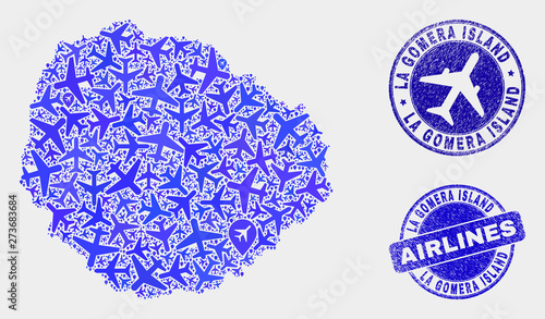 Airline vector La Gomera Island map composition and grunge stamps. Abstract La Gomera Island map is done with blue flat random airline symbols and map locations. Tourism plan in blue colors,