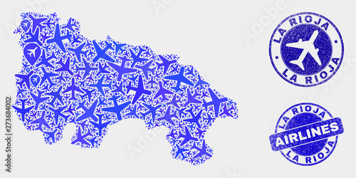 Airlines vector La Rioja of Spain map collage and grunge watermarks. Abstract La Rioja of Spain map is created from blue flat randomized airlines symbols and map locations.