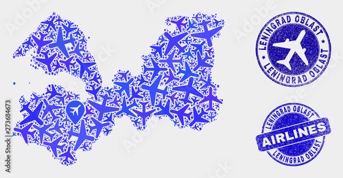 Airline vector Leningrad Region map composition and scratched watermarks. Abstract Leningrad Region map is designed from blue flat randomized airline symbols and map pointers.