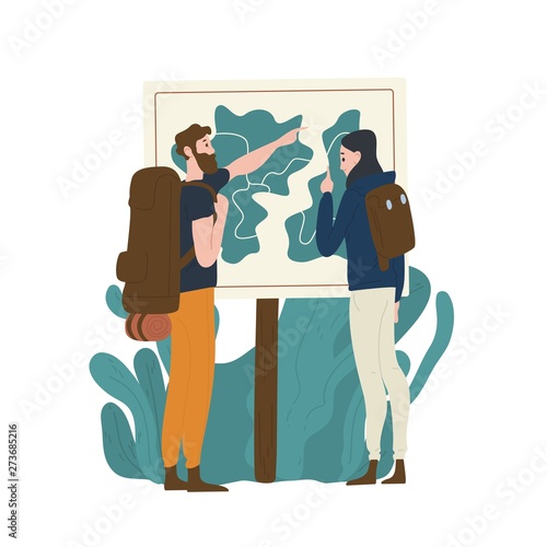 Pair of tourists standing in front of map and checking their route. Young man and woman hiking or backpacking in nature. Male and female hikers in adventure travel. Flat cartoon vector illustration.