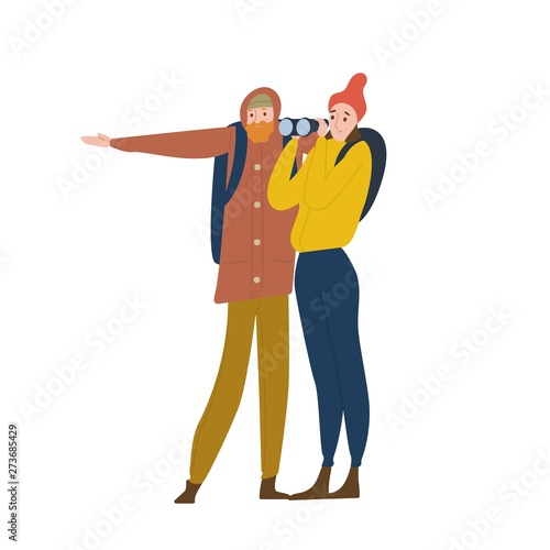 Cute happy young man and woman standing and looking through binoculars. Boyfriend and girlfriend travel together in wild nature. Romantic couple on hiking trip. Flat cartoon vector illustration.