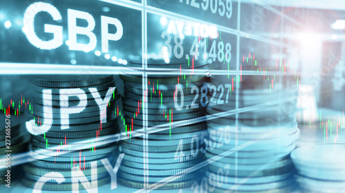 3D Rendering of stock market cancle stick chart double exposure with stack of coins and currency exchange board background. Concept for forex trading, financial and money management. Foreign exchange photo