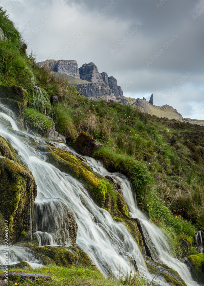 View looking at the Old Man or Storr on the Isle of Skye on the west coast of Scotland, UK.