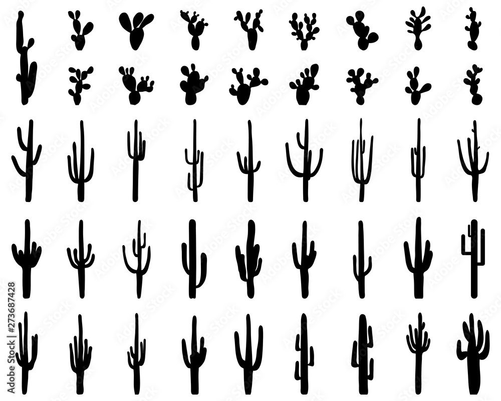 Black silhouettes of different cactus on a white background
