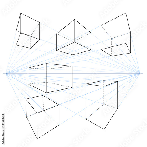 Two Point Perspective Line Drawings. Vector Set of Cubes and Parallelepipeds.