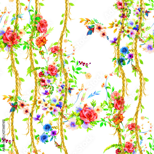 Watercolor painting of leaf and flowers, seamless pattern on white background