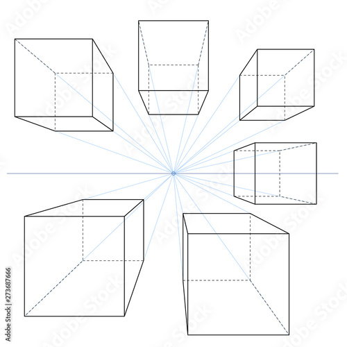 One Point Perspective Line Drawings. Vector Set of Cubes and Parallelepipeds