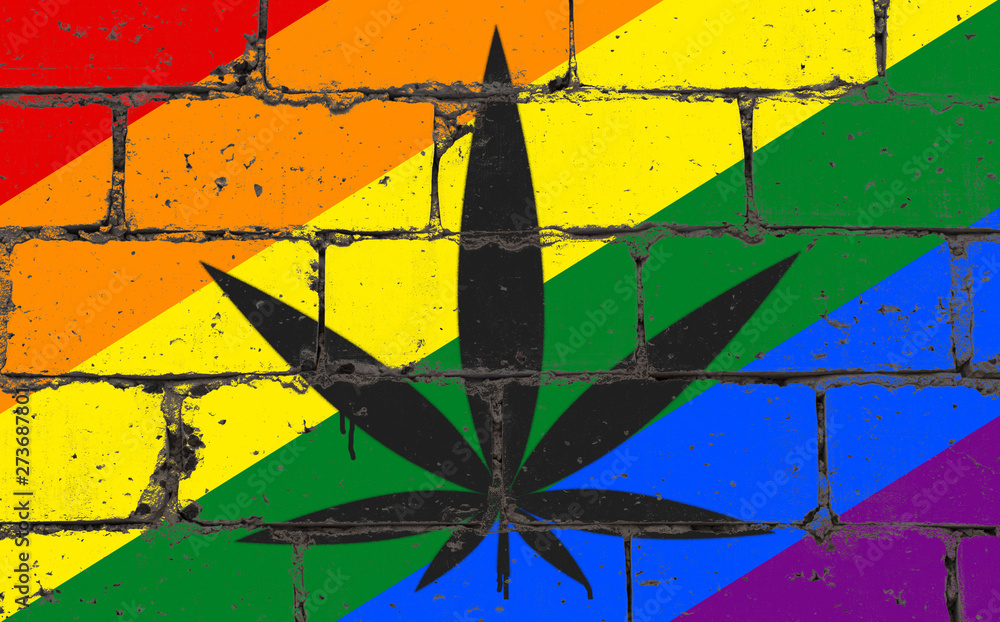 Graffiti street art spray drawing on stencil. Cannabis leaf on brick wall  with flag LGBT community Stock Photo | Adobe Stock