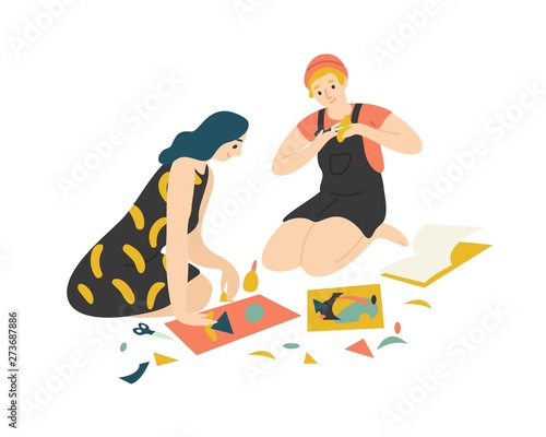Funny adorable young boy and girl sitting on floor, cutting colorful paper with scissors and making collage. Cute man and woman enjoying their hobby together at home. Flat cartoon vector illustration.
