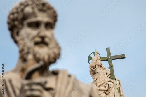 Vatican City, April 14: Statue of Jesus Christ on the top of Saint Peter Basilica facade