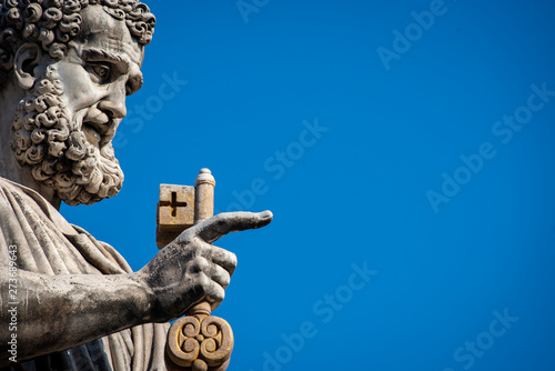 Vatican City, April 14: Statue of Saint Peter in hand the key of heaven outside St Peter's basilica.