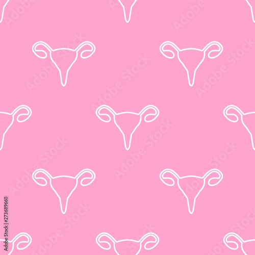 Medical awareness poster with seamless pattern of uterus symbols on pink background. Reproductive female system disease symbol. Vector illustration.