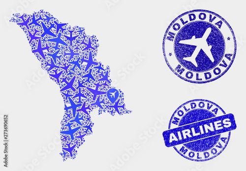 Airline vector Moldova map mosaic and scratched watermarks. Abstract Moldova map is composed with blue flat scattered air plane symbols and map locations. Delivery scheme in blue colors,