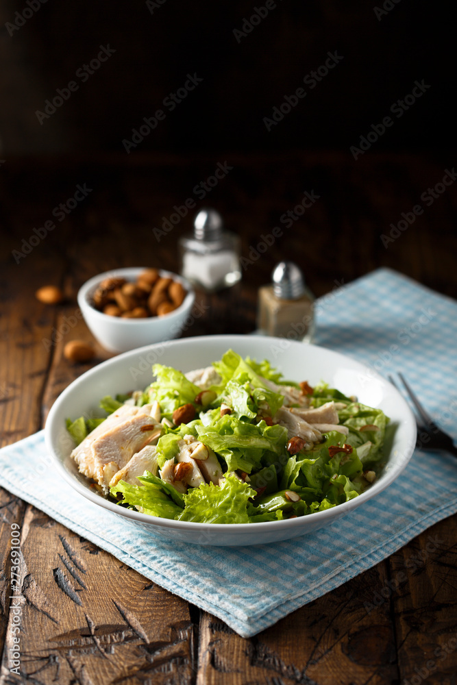 Homemade chicken salad with almond nuts