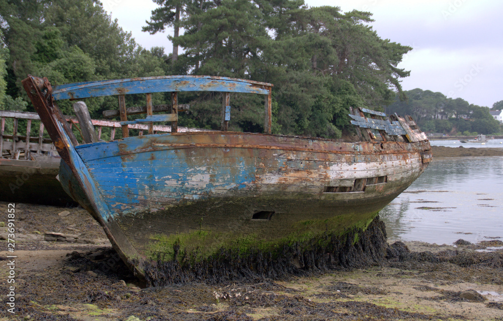 carcasse de bateau en bois échouée sur la plage, pollution 