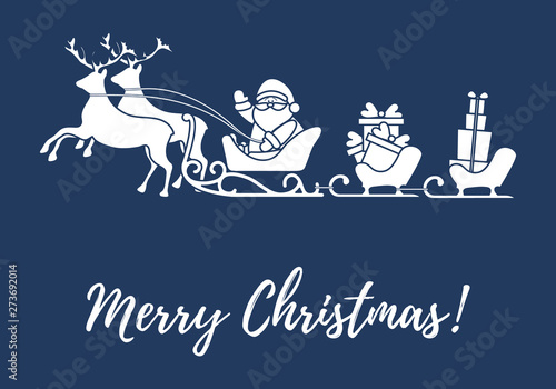 Santa Claus with Christmas presents in sleighs with reindeers. New Year and Christmas illustration.