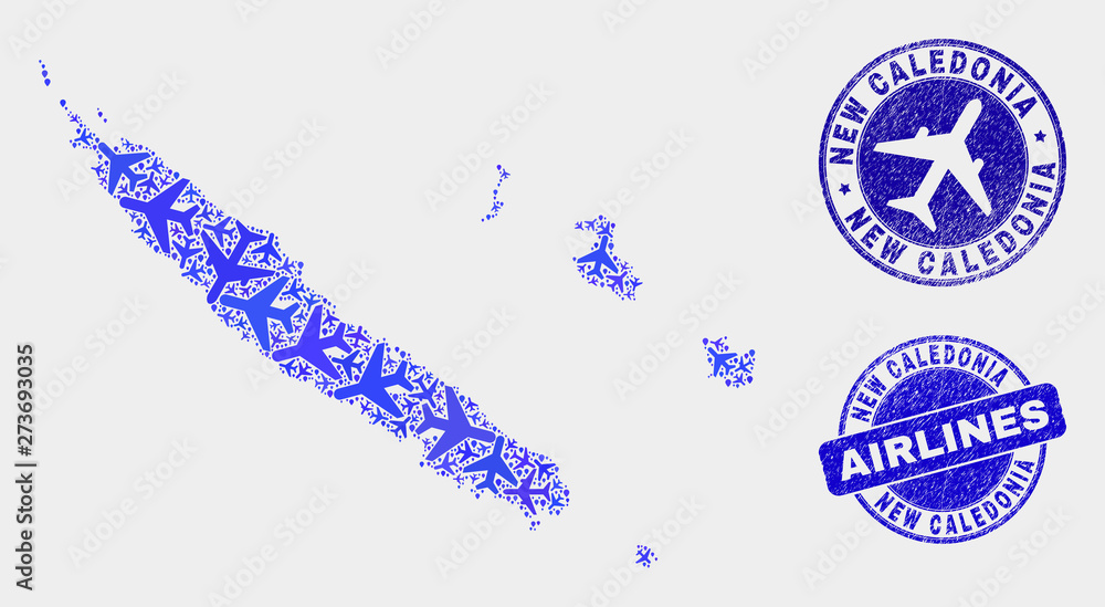 Fototapeta premium Air plane vector New Caledonia Islands map collage and scratched stamps. Abstract New Caledonia Islands map is formed with blue flat randomized air plane symbols and map pointers.